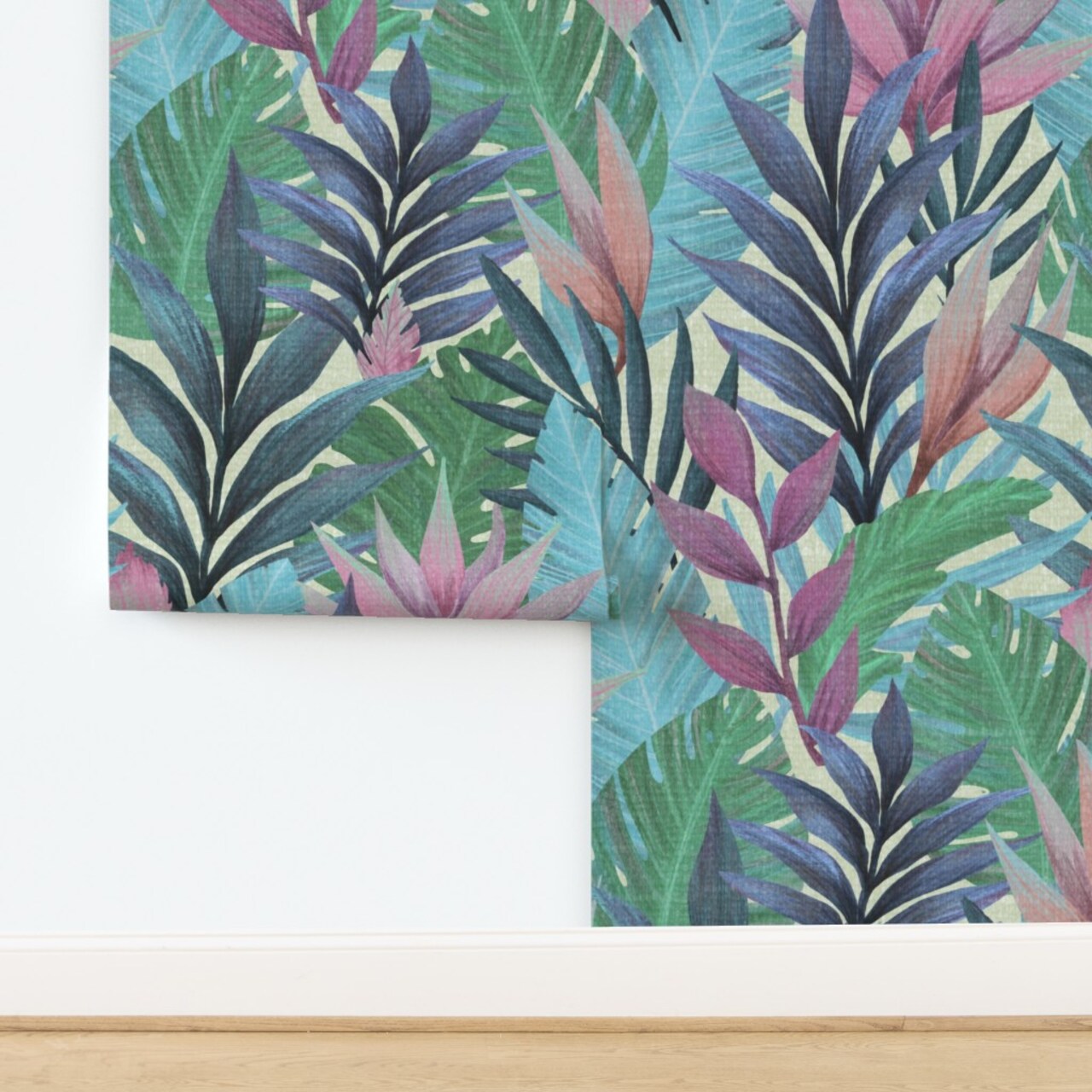 Large Botanical Vibrant Hand Drawn Palm Fronds Pink Blue Green Monstera Maximalist Bold Custom Removable Wallpaper by Spoonflower Peel & Stick Wallpaper 2FT Wide